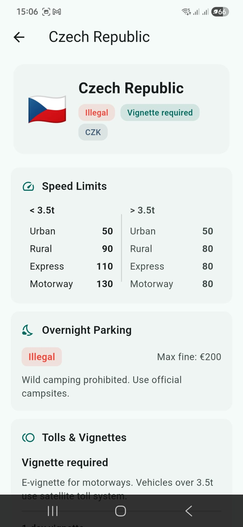 Country regulations showing speed limits, toll info and wild camping status