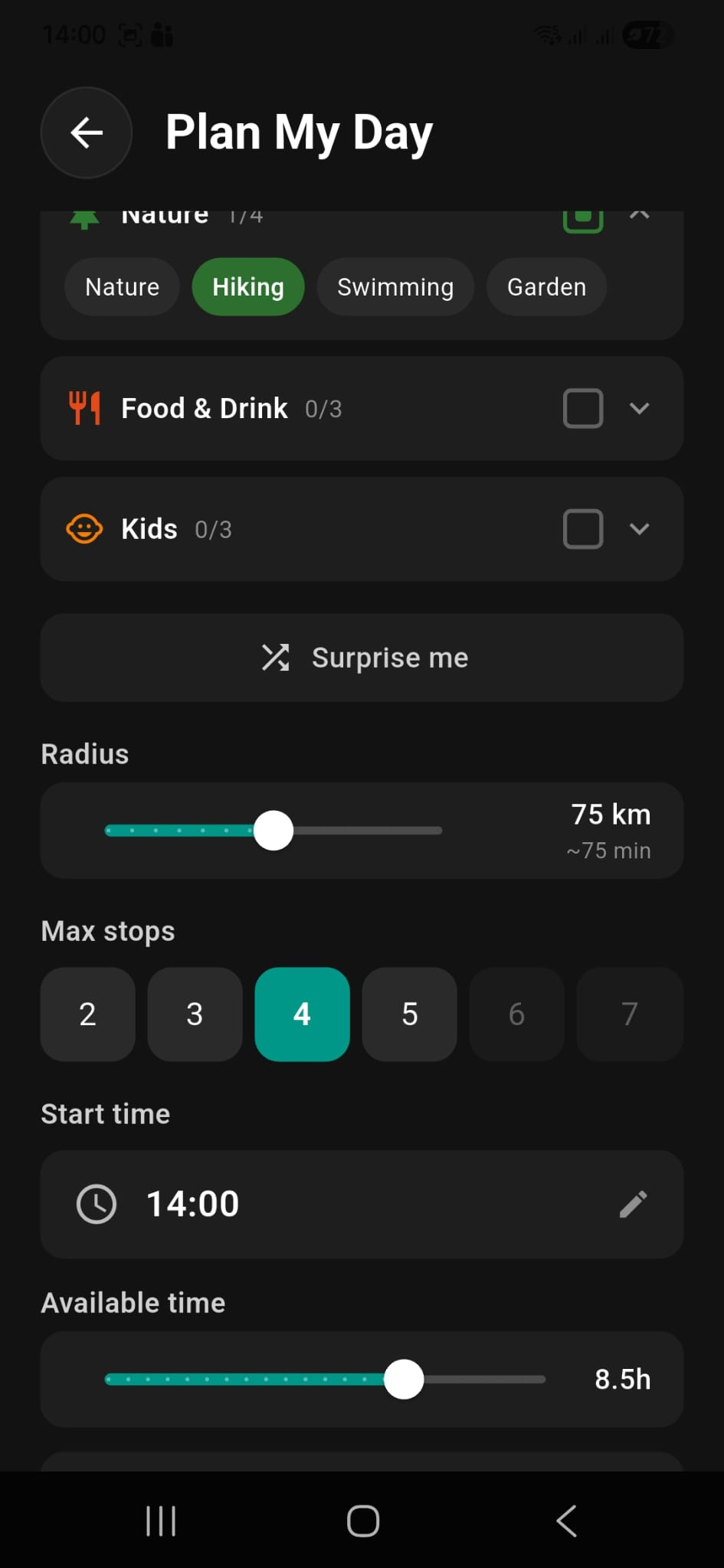 Plan My Day results showing weather-aware smart itinerary with route and timeline