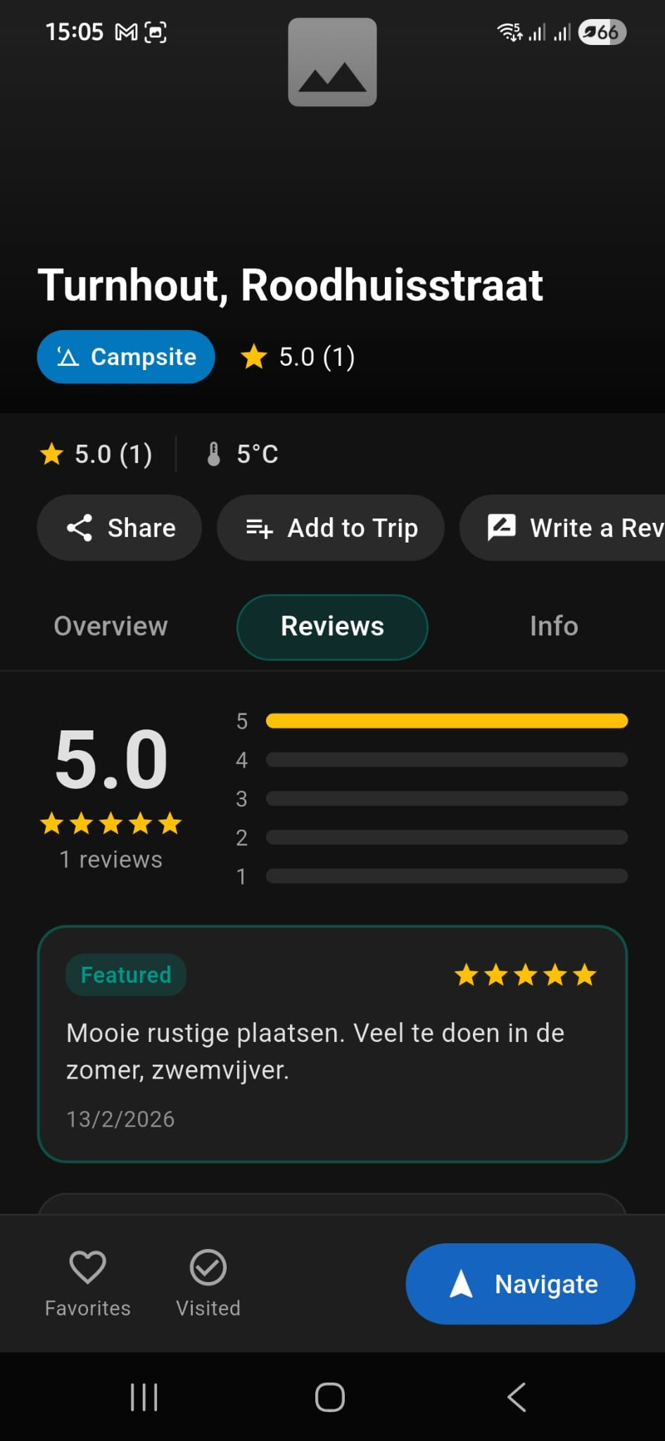 Location detail page with camper-specific review fields like fits large camper and surface type