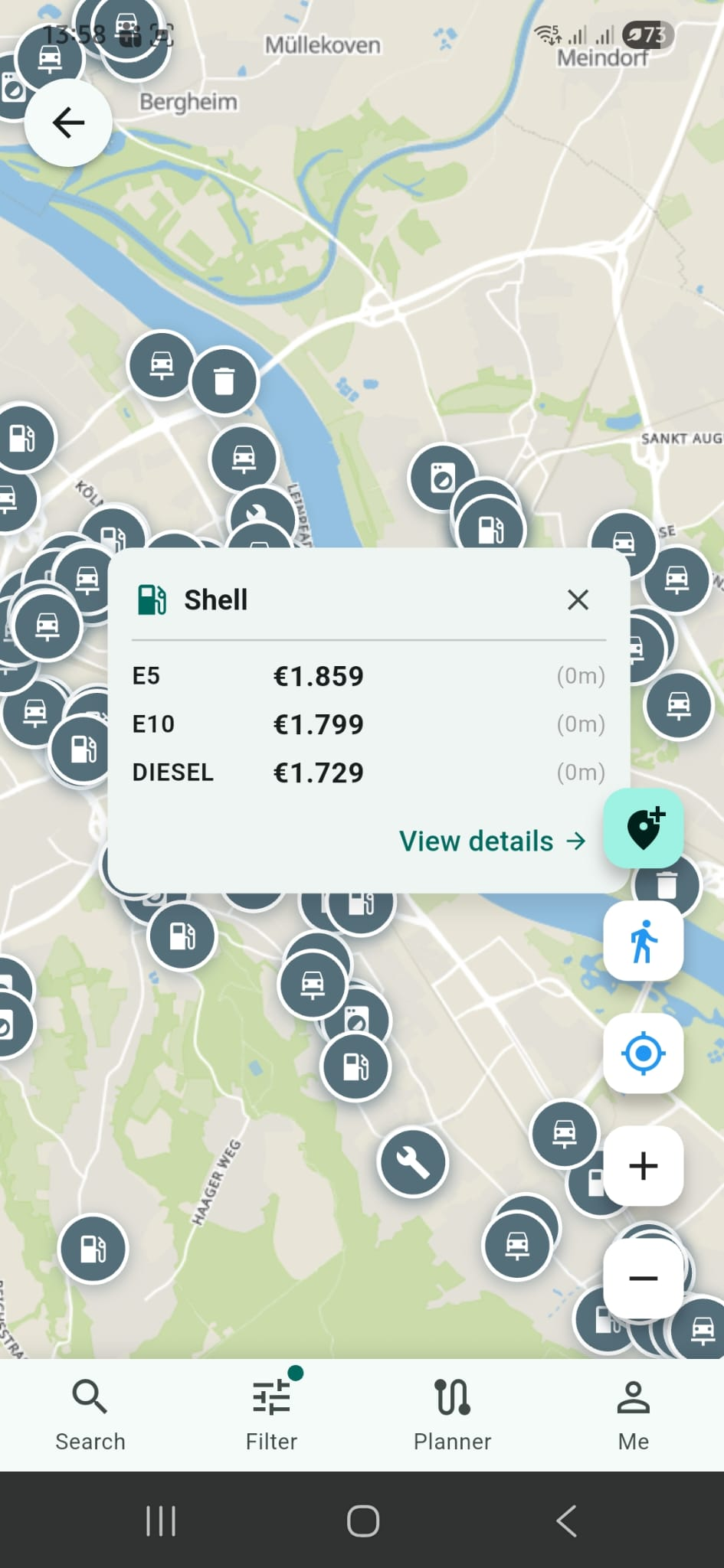 Fuel station finder showing live prices sorted by distance