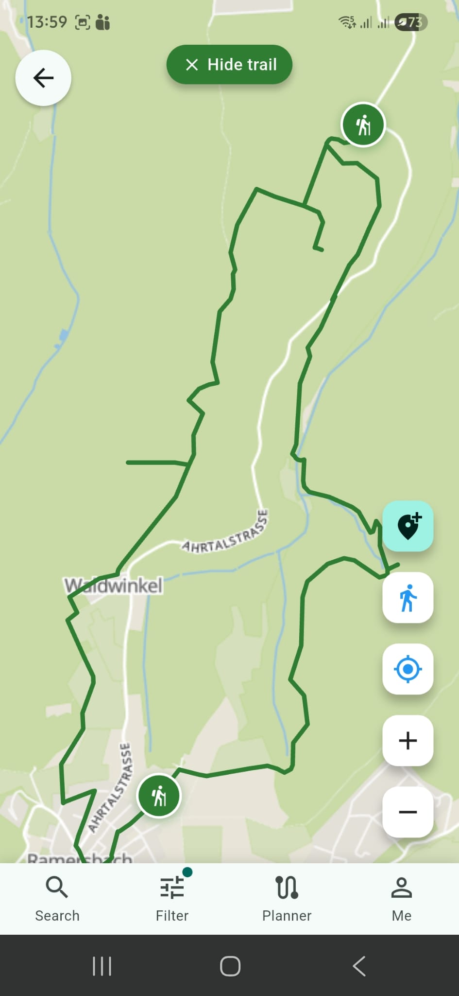 Hiking trail with route geometry drawn on map, showing distance and elevation data