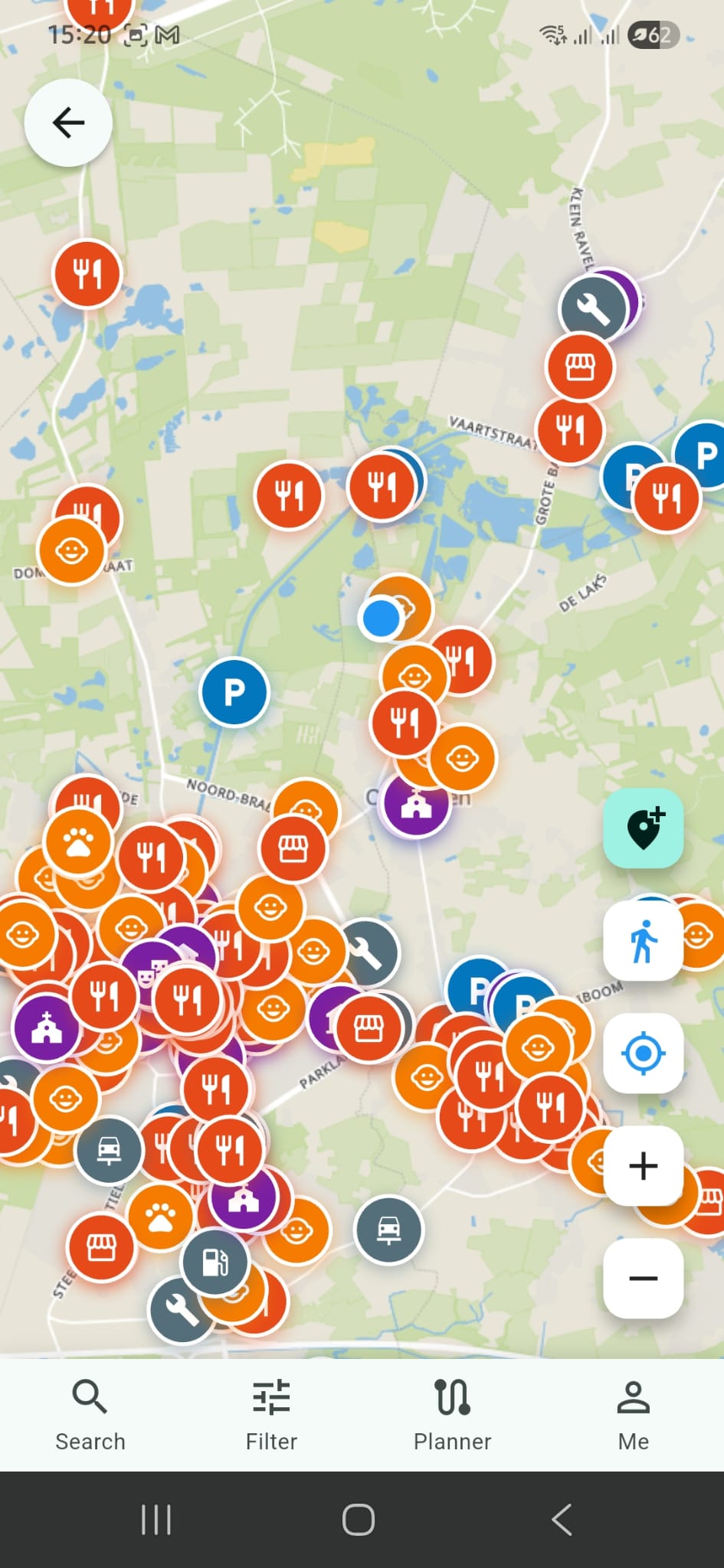 Map view with clustered location markers and category filter chips