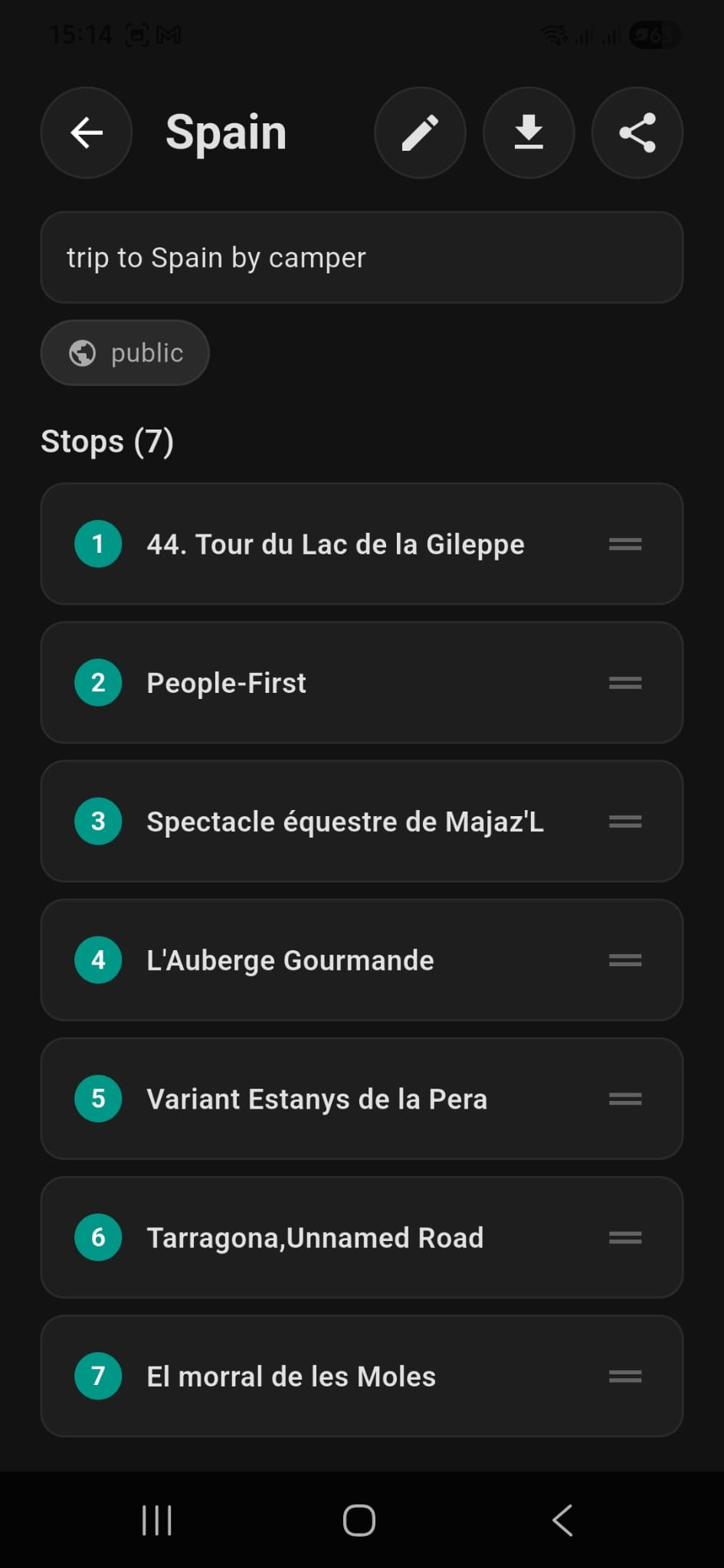 Multi-day trip with reorderable stops list