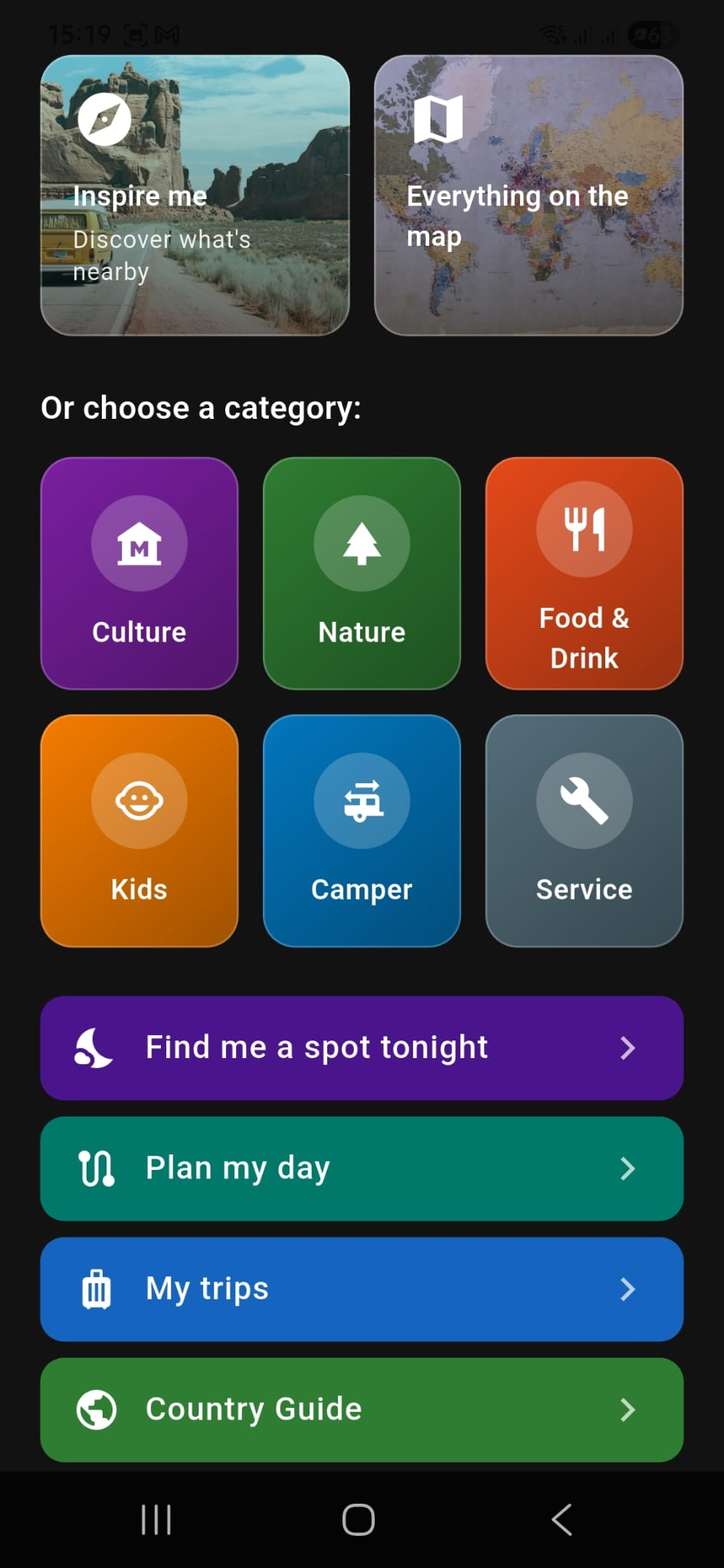 Nearva welcome screen - your camper trip companion across Europe